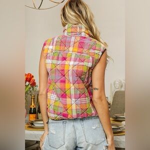 BiBi Quilted Washed Plaid Snap Down Vest